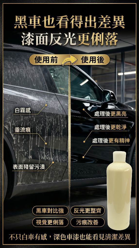 米速液體橡皮擦使用前後對比 黑車漆面反光更俐落 白霧感垂流痕表面殘留污漬改善